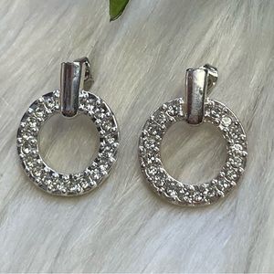 Circle faceted rhinestones silver tone earrings